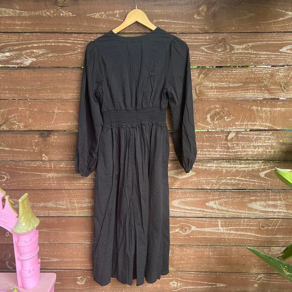 Old Navy Black Smocked Waist Midi Dress Women’s Size M Embroidered Hem - Picture 4 of 14
